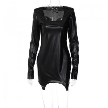 Solid Long Sleeve U Neck Pleated Ruched Drawstring Mini Irregular Dress Black